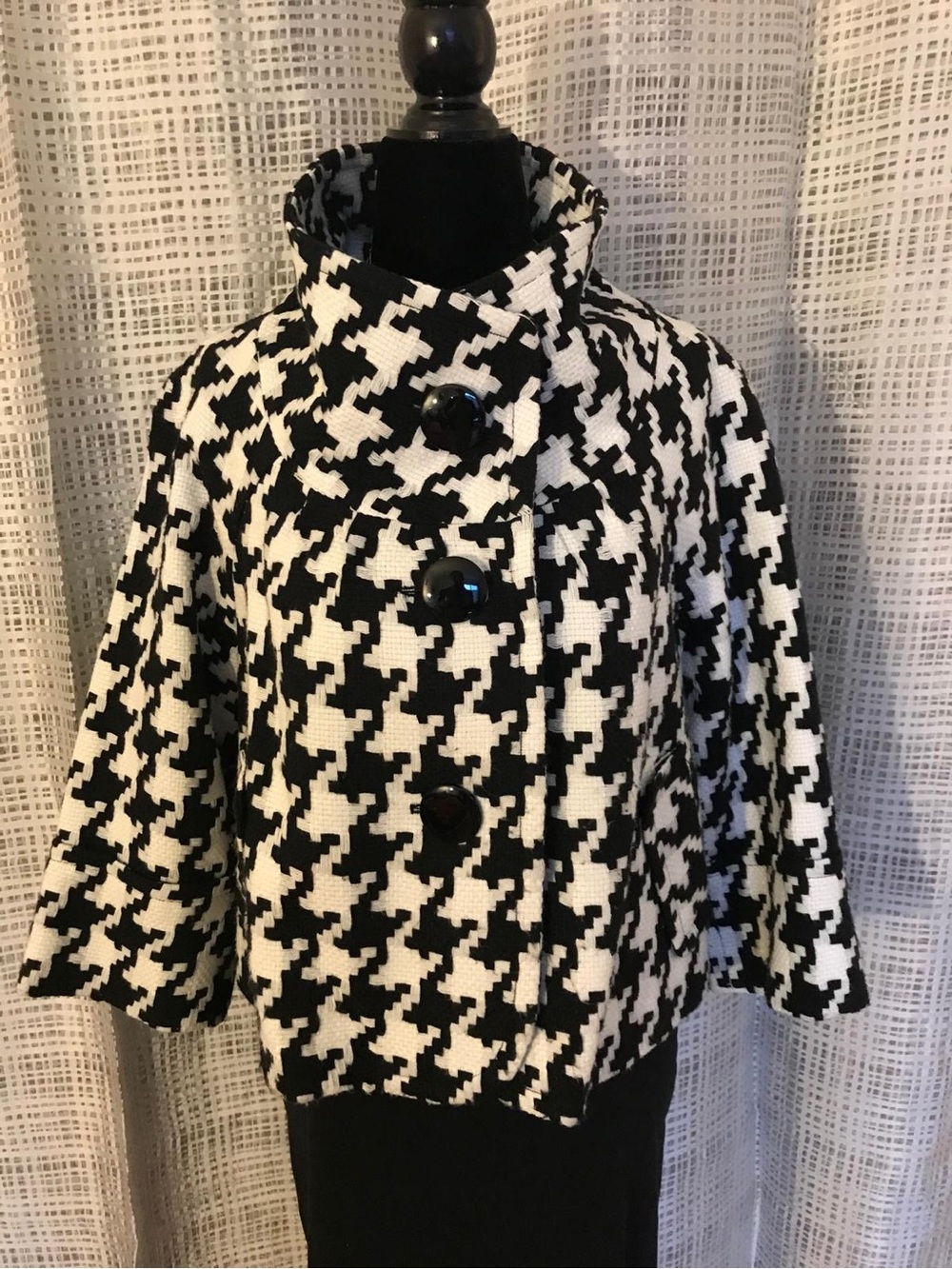 Black & White Houndstooth Pea Coat with Large Buttons Unique